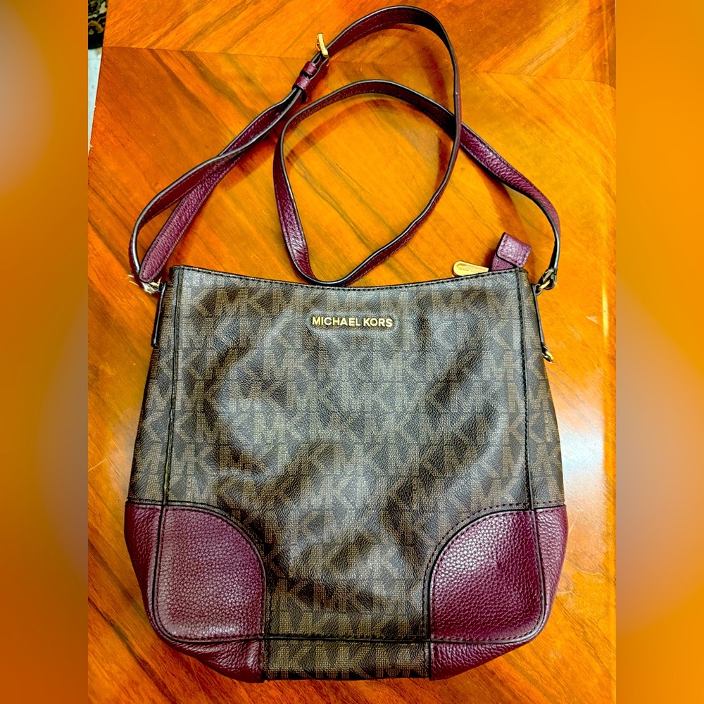 Michael Kors MK Monogram Crossbody Bag Purse Brown and Burgundy